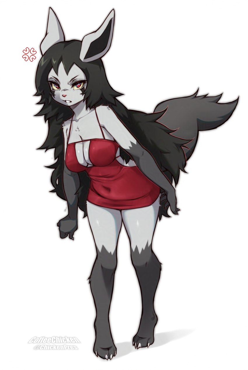 angry anthro black_hair breasts claws clothed clothing cross-popping_vein dress emanata eyebrows eyelashes feet female finger_claws fingers fur grey_body grey_fur hair long_hair looking_at_viewer red_eyes simple_background solo tail toe_claws toes white_background yellow_sclera coffeechicken nintendo pokemon generation_3_pokemon mightyena pokemon_(species) 2025 artist_name digital_drawing_(artwork) digital_media_(artwork) hi_res