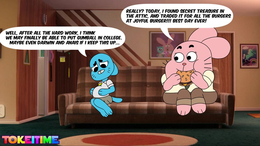 anthro dialogue female furniture inside male pregnant sofa text tokeitime cartoon_network the_amazing_world_of_gumball nicole_watterson richard_watterson domestic_cat felid feline felis lagomorph leporid mammal rabbit 16:9 english_text hi_res widescreen