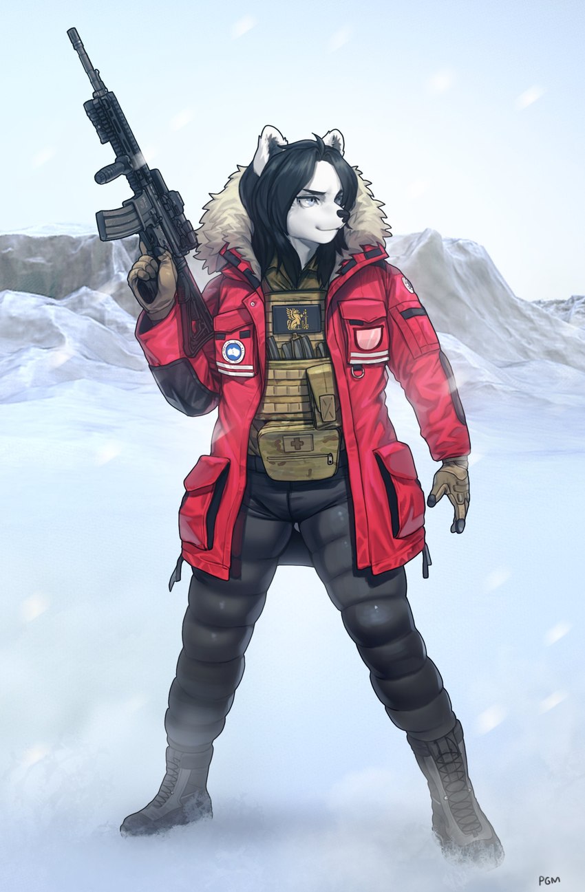 5_fingers ammunition anthro ar-15 ar_platform assault_rifle black_bottomwear black_clothing black_hair boots bottomwear clothed clothing coat fingers footwear fully_clothed gloves gun hair handwear inner_ear_fluff male outside pants ranged_weapon red_clothing red_topwear rifle shoes snow solo topwear tuft weapon pgm300 unknown_species 2022 absurd_res digital_media_(artwork) hi_res shaded