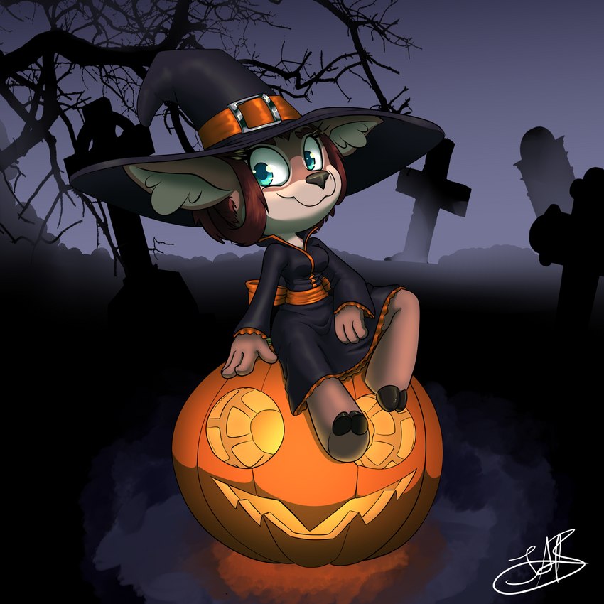 anthro big_eyes cemetery clothing female fluffy_ears food fruit hair hat headgear headwear holidays hooves plant pumpkin red_hair short_stack solo witch_costume witch_hat turkojar halloween isa_sturmi deer mammal 1:1 hi_res