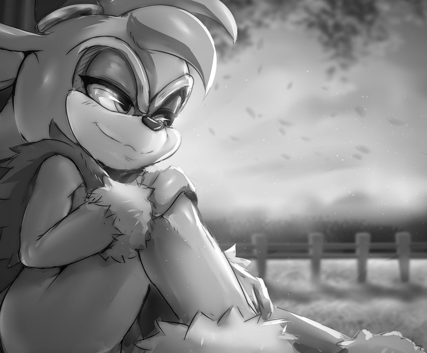 anthro blurred_background clothed clothing hair hand_on_knee hand_on_leg holding_knee holding_leg horn iris leaf narrowed_eyes outside pose pupils sitting smile solo shoru sega sonic_the_hedgehog_(series) fan_character rock_the_bull bovid bovine cattle mammal 2023 monochrome