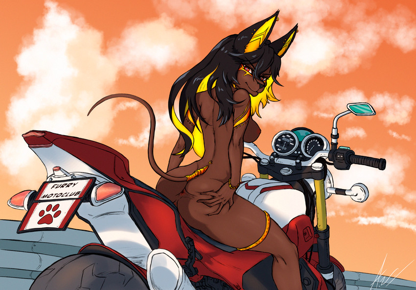 anthro anus black_hair breasts butt butt_grab ear_piercing ear_ring egyptian female glowing gold_(metal) gold_jewelry hair hand_on_butt jewelry looking_at_viewer looking_back motorcycle piercing ring_piercing sitting smile solo spread_butt spreading sunset vehicle allanel egyptian_mythology middle_eastern_mythology mythology anubis anubian_jackal canid canine canis deity jackal mammal hi_res