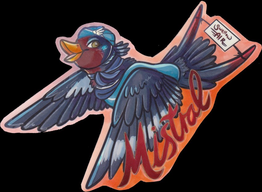 avian_feet badge beak blue_body clothing costume feathered_crest feathered_wings feathers feet female feral flying hat head_crest headgear headwear markings red_markings solo tail tail_feathers talons toes white_body white_markings wings yellow_eyes tayalu nintendo pokemon mistral_(gyro) avian generation_3_pokemon pokemon_(species) swellow alpha_channel hi_res