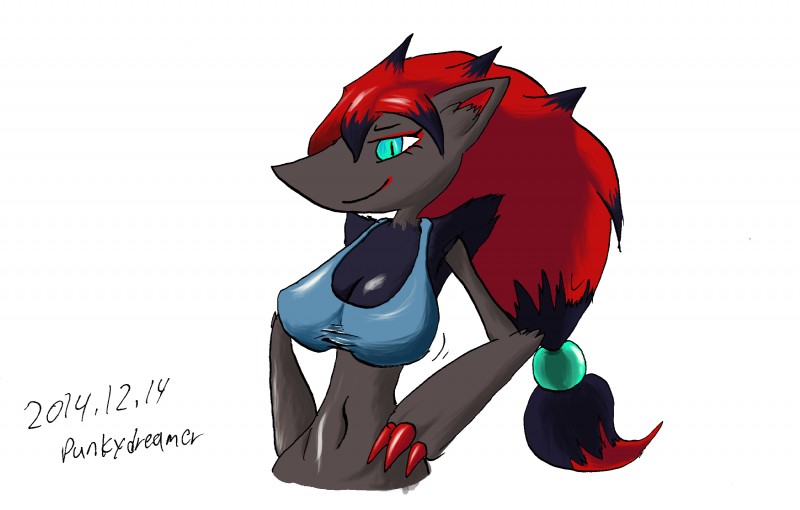 anthro breasts clothing female pokemorph shirt smile solo tank_top topwear punkydreamer nintendo pokemon canid canine generation_5_pokemon mammal pokemon_(species) zoroark hi_res