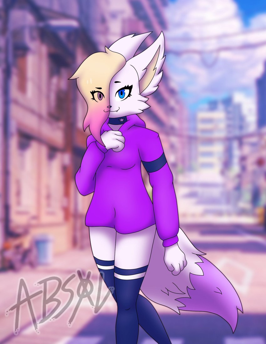 anthro blonde_hair blue_eyes choker clothing crossed_legs female fur hair hoodie jewelry legwear necklace purple_clothing purple_fluff purple_hoodie purple_topwear smile solo thigh_highs topwear walking white_body white_fur absoldraws dash canid canine domestic_cat felid feline felis fox hybrid mammal hi_res