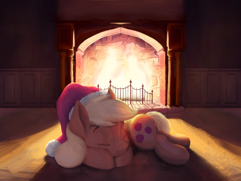 blonde_hair christmas_clothing christmas_headwear clothing cutie_mark eyes_closed female fireplace hair hat headgear headwear holidays inside on_ground santa_hat sleeping solo anontheanon christmas friendship_is_magic hasbro my_little_pony applejack_(mlp) equid equine horse mammal pony 2018 4:3 hi_res