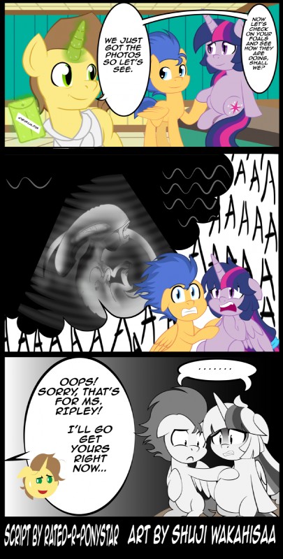 envelope female horn magic male pregnant text ultrasound wings shujiwakahisaa alien_(franchise) friendship_is_magic hasbro my_little_pony mythology flash_sentry_(mlp) twilight_sparkle_(mlp) alien chestburster equid equine horse mammal mythological_creature mythological_equine pony winged_unicorn xenomorph comic english_text hi_res pillarbox