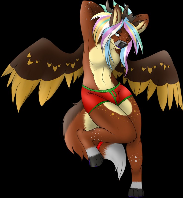 accessory anthro antlers bell boxer_briefs bulge clothed clothing feathered_wings feathers femboy furgonomics green_eyes hair horn long_hair male multicolored_hair pecs solo spots tail tail_accessory tail_bell underwear wings ayavale aven-fawn deer mammal peryton 2015 alpha_channel digital_media_(artwork) hi_res