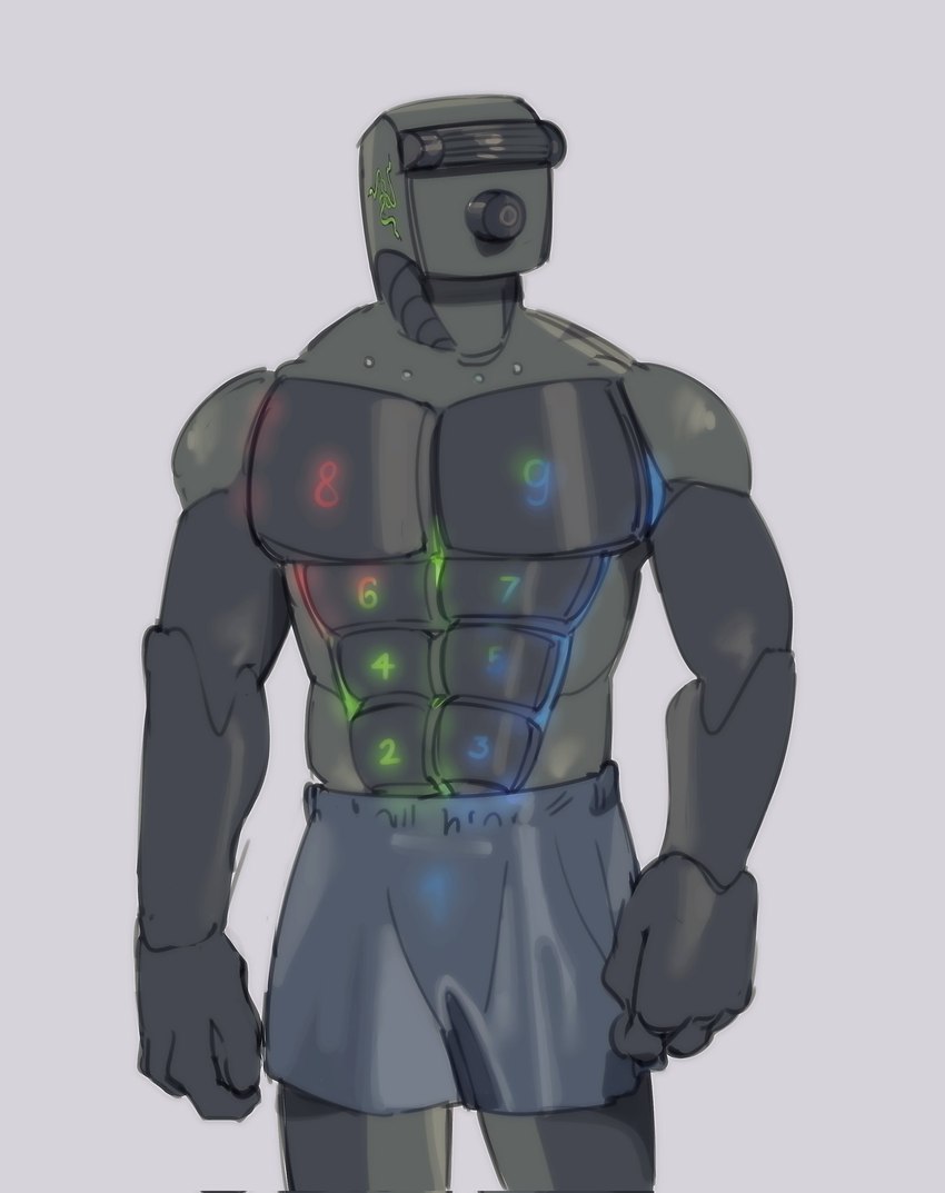 abs biped boxers_(clothing) bulge clothed clothing computer_keyboard grey_background grey_body keyboard machine male muscular muscular_humanoid muscular_male not_furry number pecs simple_background solo topless underwear underwear_only kogito razer animate_inanimate humanoid living_computer_keyboard living_machine object_humanoid robot robot_humanoid 2023 digital_media_(artwork) hi_res