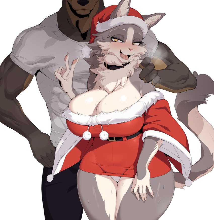 anthro big_breasts breasts christmas_clothing christmas_headwear cleavage clothed clothing countershading female fur grey_body grey_fur hair hat headgear headwear holidays huge_breasts male male/female santa_hat simple_background solo cervina7_(artist) christmas canid canine canis felid feline mammal absurd_res hi_res