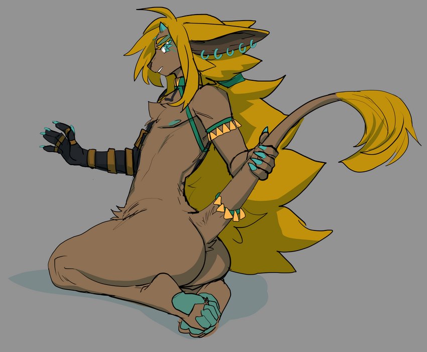 alternate_species anthro butt ear_piercing fur hair looking_at_viewer looking_back looking_back_at_viewer male nude piercing presenting presenting_hindquarters raised_tail rauru's_arm solo tail 6my nintendo tears_of_the_kingdom the_legend_of_zelda link link_(zonai_form) zonai_link zonai digital_media_(artwork)