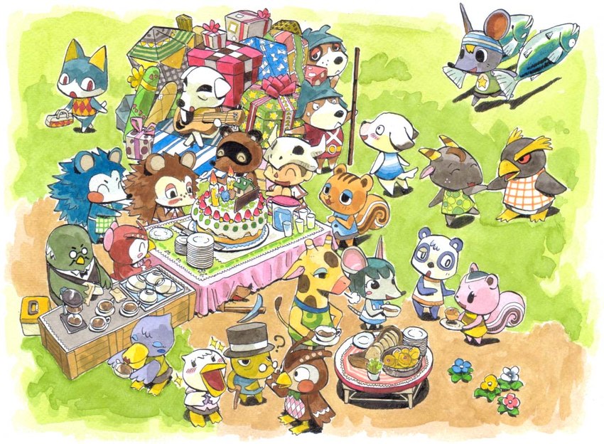 anthro birthday_cake black_body blue_body box brown_body brown_fur cake clothed clothing container dessert eyes_closed food fur gift group guitar hat headgear headwear kemono musical_instrument outside plucked_string_instrument string_instrument white_body white_fur utsuki_maito animal_crossing nintendo blathers_(animal_crossing) booker_(animal_crossing) bree_(animal_crossing) copper_(animal_crossing) k.k._slider mabel_able peanut_(animal_crossing) rod_(animal_crossing) sable_able sally_(animal_crossing) tom_nook_(animal_crossing) tortimer_(animal_crossing) villager_(animal_crossing) avian bear bird bovid canid canine canis caprine domestic_cat domestic_dog eulipotyphlan felid feline felis fish giant_panda giraffe giraffid goat hedgehog human mammal marine murid murine owl penguin raccoon_dog rat reptile rodent scalie sciurid tanuki tree_squirrel turtle