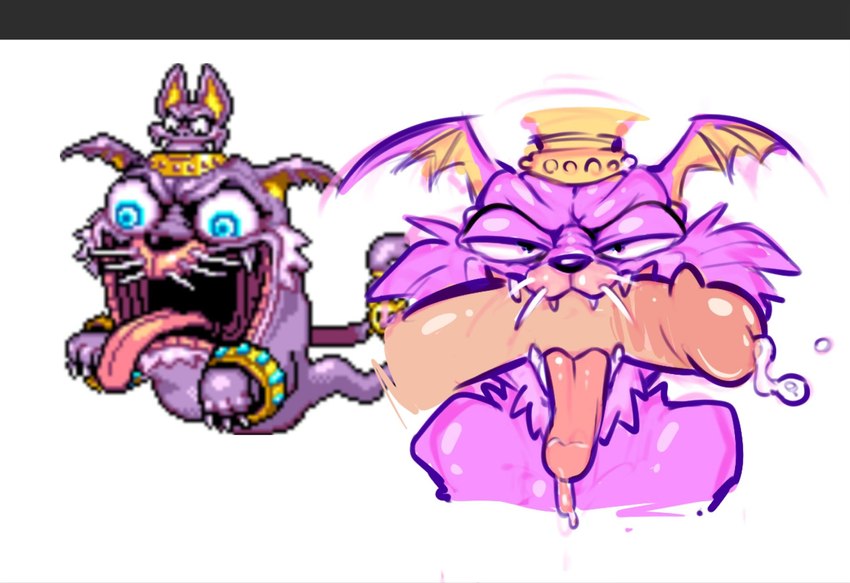 anthro bodily_fluids catbat_(wario_land_4) cheek_tuft duo facial_tuft fellatio fur genital_fluids jewelry male male/male open_mouth oral penile pink_body pink_fur precum purple_body purple_fur saliva sex sideways_oral teeth tuft whiskers 4pcsset wario_land bat domestic_cat felid feline felis human mammal hi_res