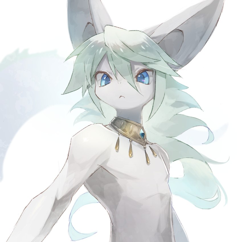 :< anthro athletic athletic_anthro athletic_male big_ears biped blue_eyes choker featureless_chest front_view gem gold_(metal) gold_jewelry green_hair hair jewelry kemono long_hair looking_at_viewer male monotone_body monotone_hair necklace nude simple_background slim solo standing three-quarter_view white_background white_body white_ears whitexterior anubis_(whitexterior) ambiguous_species mammal 1:1 half-length_portrait portrait