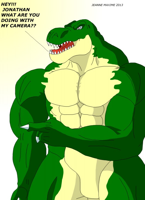 abs angry anthro athletic biceps biped claws dialogue fangs flexing green_body green_skin grey_eyes male muscular muscular_anthro nude open_mouth pecs pose scales solo standing teeth text tongue vein yellow_body yellow_skin maxime-jeanne thomas_carter dinosaur lizard prehistoric_species reptile scalie theropod tyrannosaurid tyrannosauroid tyrannosaurus tyrannosaurus_rex 2013 absurd_res english_text hi_res