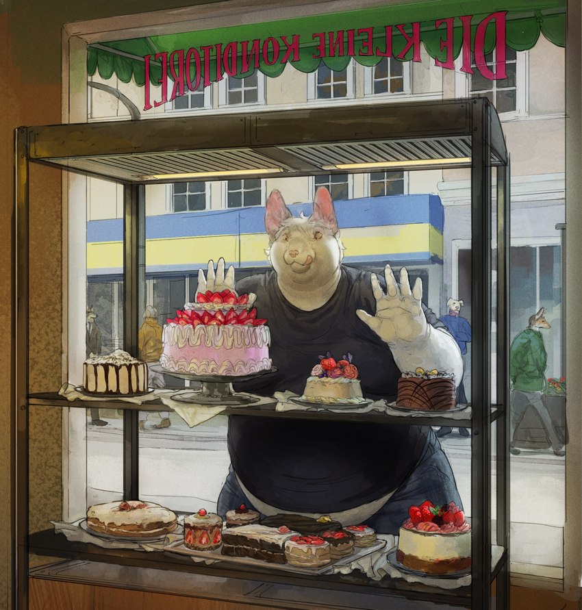 against_surface against_window anthro bakery belly bottomwear building cake clothed clothing denim denim_bottomwear denim_clothing dessert detailed_background food fully_clothed fur group hairless hungry inside jeans licking licking_lips male on_glass outside overweight overweight_anthro overweight_male pants shirt standing tongue topwear walking white_body white_fur window window_shopping cettus hakon_brandvold canid canine canis domestic_cat domestic_dog felid feline felis hairless_cat mammal peterbald 2024 hi_res