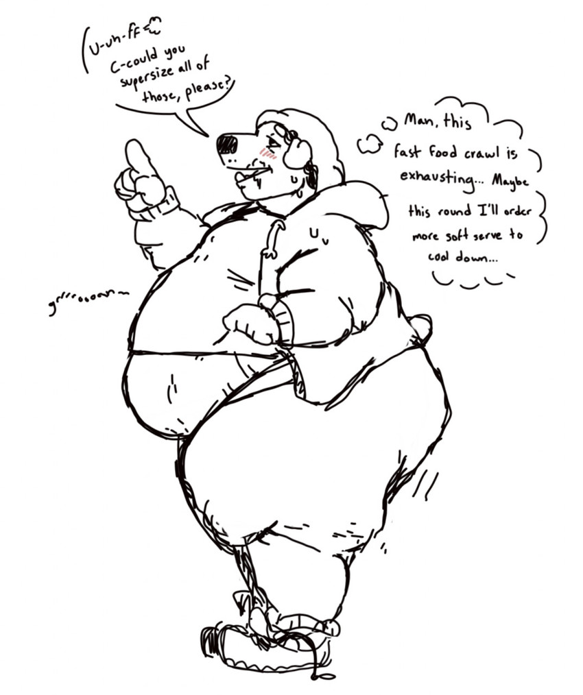 anthro big_butt blush bodily_fluids bottomwear butt clothing dialogue female inner_monologue jacket obese overweight overweight_female pants partial_speech_bubble partial_thought_bubble solo stretch_marks stuffing sweat sweatpants text thick_thighs thinking tight_clothing topwear crustypelican3 rosie_(crustypelican3) canid canine canis domestic_dog mammal mastiff molosser rottweiler black_and_white english_text hi_res monochrome partially_colored sketch