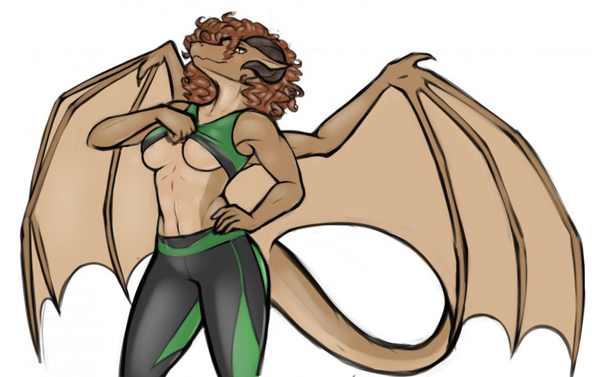 anthro athletic_wear bra bra_lift breasts brown_body brown_hair brown_scales clothing female hair hand_on_hip horn messy_hair midriff scales simple_background solo sports_bra spread_wings standing tail under_boob underwear wings daf mythology tai'rana dragon mythological_creature mythological_scalie scalie portrait three-quarter_portrait