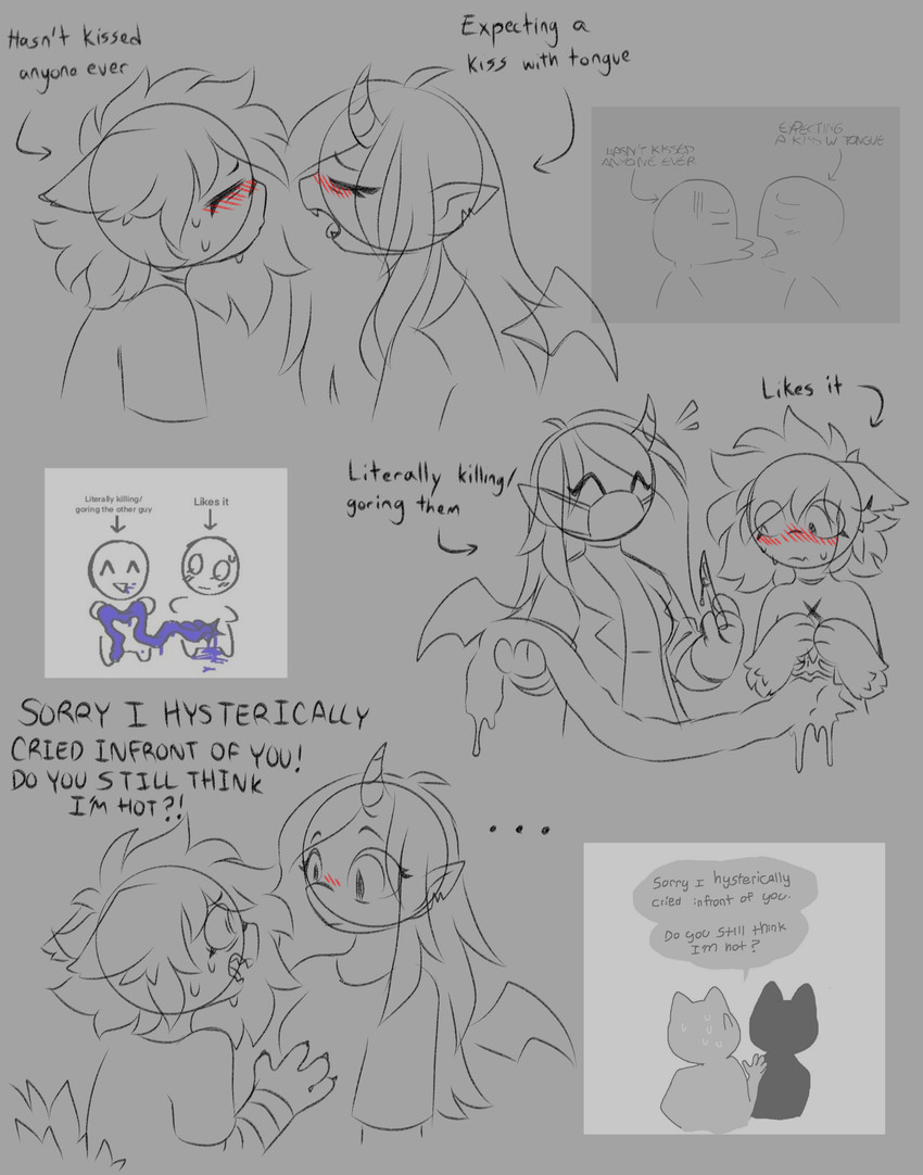 alternate_species ambiguous_gender apology bat_wings blush consensual_gore consensual_murdering duo female fluffy fluffy_tail genderfluid guts gynomorph hair horn humanized imminent_kiss intersex intersex/female intestines killing long_hair male mask membrane_(anatomy) membranous_wings nervous organs pointy_ears prick_ears pulling_out_guts romantic romantic_couple tail text wearing_mask wings pegacousin unknown_artist hasn't_kissed_anyone_ever_vs_expecting_a_kiss_with_tongue_(meme) nyada pegacousin_(pegacousin) horned_humanoid human humanoid mammal absurd_res english_text hi_res reference_image sketch