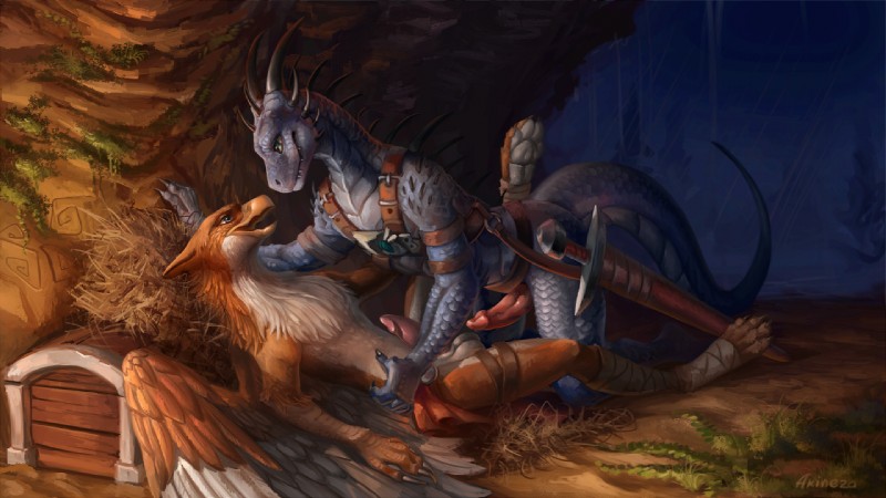 5_fingers animal_genitalia anthro anthro_on_anthro armor balls beak blue_body blue_eyes blue_scales brown_body brown_feathers cave claws clothed clothing detailed_background duo erection eye_contact facing_each_other facing_partner feathers feet fingers genitals green_eyes horn imminent_sex interspecies kneeling leather looking_at_another male male/male melee_weapon nude outside partially_clothed penis raining scales sheath smile sword tail talons toes treasure_chest weapon white_body white_feathers wings akineza mythology kuromino avian dragon gryphon mythological_avian mythological_creature mythological_scalie scalie 16:9 2018 digital_media_(artwork) widescreen