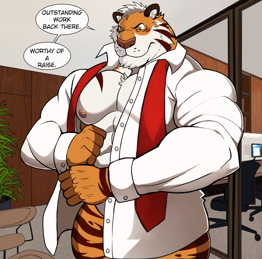 abs anthro barazoku biceps big_muscles bottomless clothed clothing fur hair male muscular muscular_anthro muscular_male necktie nipples pecs shirt shirt_only solo stripes text topwear topwear_only white_body white_fur darknaigart felid mammal pantherine tiger absurd_res digital_media_(artwork) hi_res