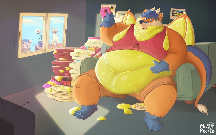 anthro belly beverage big_belly clothed clothing container dessert doughnut eating eating_food food furniture horn huge_belly male obese obese_anthro obese_male overweight overweight_anthro overweight_male pastry pizza pizza_box sitting slob soda soda_bottle sofa solo watching_television wings mr.puerco mythology canid canine dragon fox hybrid mammal mythological_creature mythological_scalie scalie hi_res