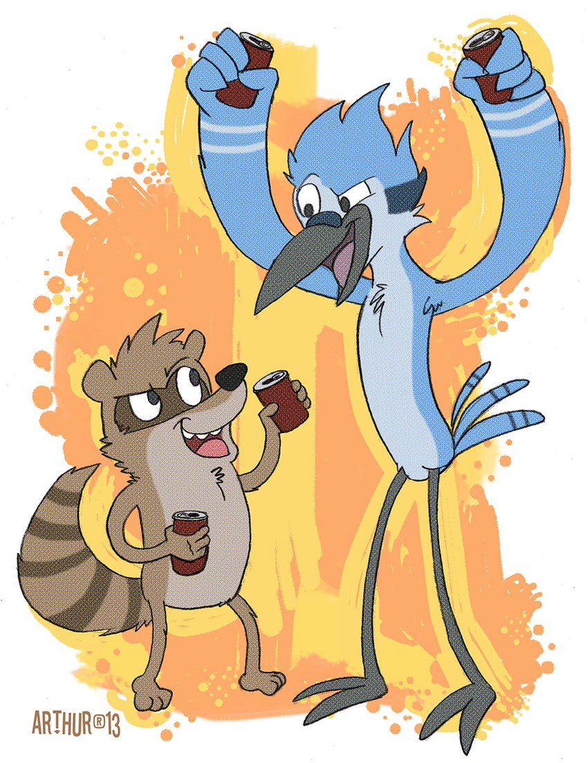 anthro beak beverage beverage_can black_beak black_nose blue_body blue_feathers brown_body brown_fur detailed_background duo feathers fur holding_beverage holding_object male open_mouth simple_background teeth_showing tongue_showing white_background rthur cartoon_network regular_show mordecai_(regular_show) rigby_(regular_show) avian bird blue_jay corvid jay_(bird) mammal new_world_jay oscine passerine procyonid raccoon 2013 hi_res signature