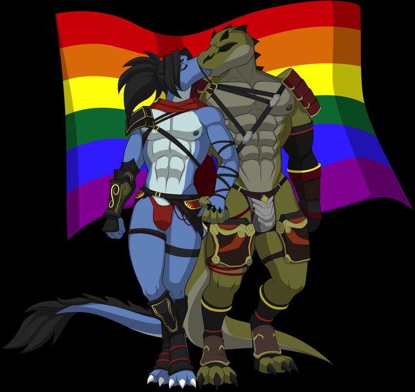 anthro armor beard belt black_beard black_facial_hair black_hair black_mustache blue_body buckle clothing codpiece cuisse duo eyes_closed facial_hair flag flag_(object) green_body green_scales hair hand_holding kissing legband lgbt_pride male male/male muscular muscular_anthro muscular_male mustache nipples pride_color_flag pride_colors rainbow_pride_colors red_clothing red_scarf red_speedo red_swimwear sabatons scales scarf schynbalds simple_background six-stripe_rainbow_pride_colors spaulder speedo standing straps swimwear tail tail_tuft teeth_showing thighband transparent_background tuft unconvincing_armor vambrace white_body sparksstars mythology rainuja sek-raktaa alligator alligatorid crocodilian dragon mythological_creature mythological_scalie reptile scalie 2023 absurd_res alpha_channel digital_media_(artwork) hi_res