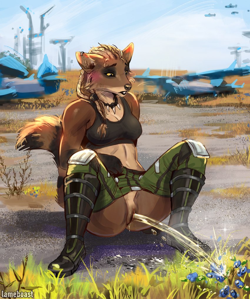 aircraft airfield airplane anthro blush bodily_fluids boots bottomwear bottomwear_down breasts clothed clothing collar crop_top crouching ear_piercing ear_ring female female_peeing footwear fur genital_fluids genitals grass hair midriff open_mouth outside pants pants_down partially_clothed peeing piercing planet plant pussy ring_piercing shirt shoes sky solo spread_legs spreading tail teeth topwear urine urine_stream vehicle watersports lameboast canid canine canis mammal wolf digital_media_(artwork) hi_res