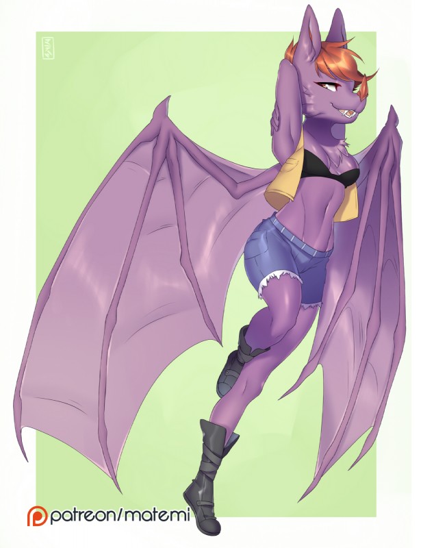 anthro breasts clothed clothing female fur hair hands_behind_head looking_at_viewer midriff navel open_mouth smile solo standing undercut wings matemi kiri kiribat bat mammal hi_res