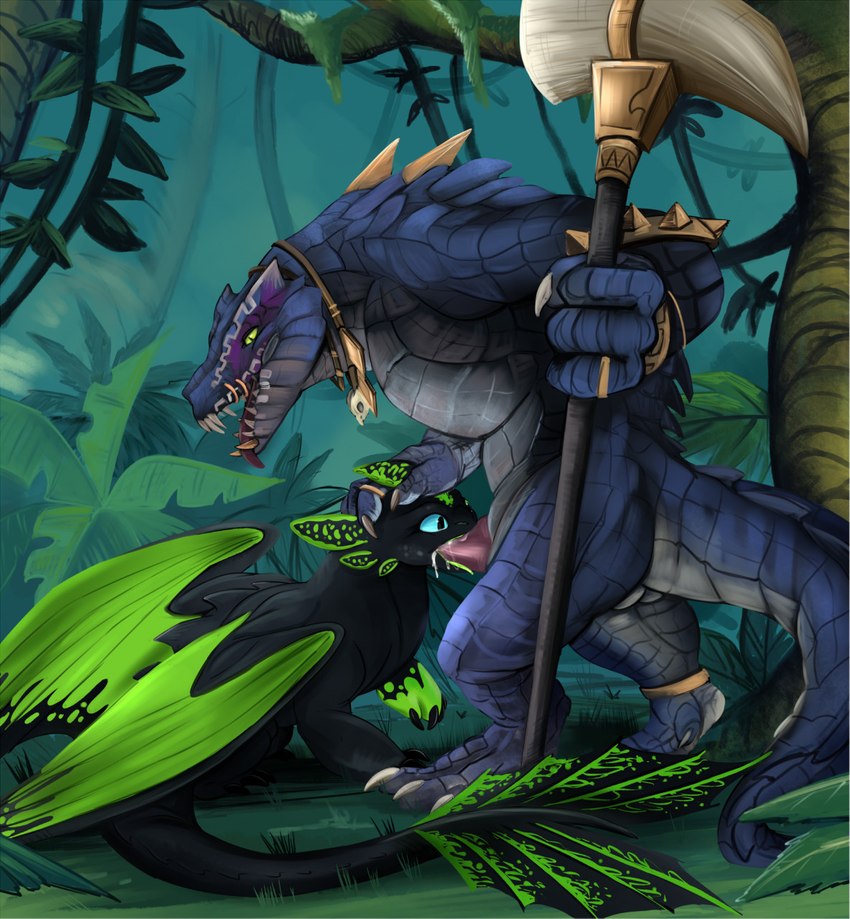 ambiguous_gender anthro anthro_on_feral bestiality blue_body blue_scales duo fellatio feral forest jungle leaf male male/ambiguous neckwear oral penile plant ring scales sex sharp_teeth tail teeth tongue tongue_out tree vines weapon wings charliemcarthy dreamworks european_mythology how_to_train_your_dragon mythology warhammer_(franchise) warhammer_fantasy dragon fury_(httyd) kroxigor lizardman lizardman_(warhammer) mythological_creature mythological_scalie night_fury scalie western_dragon 2021 crossover hi_res