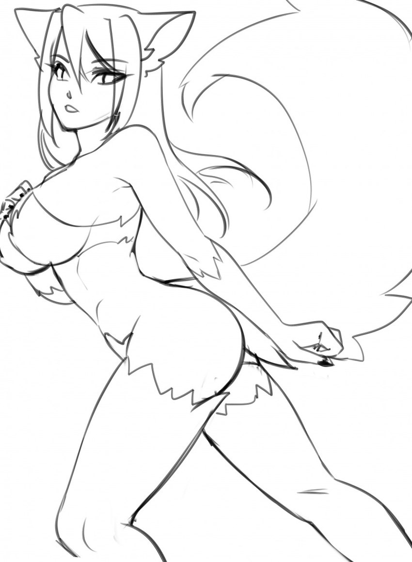 anthro breasts butt claws ears_up female fur leg_markings looking_at_viewer markings open_mouth side_boob side_view socks_(marking) solo standing tail wide_hips gekko-seishin the_sake_ninja canid canine fox humanoid mammal true_fox werecanid werecanine werecreature werefox 2022 black_and_white hi_res monochrome sketch