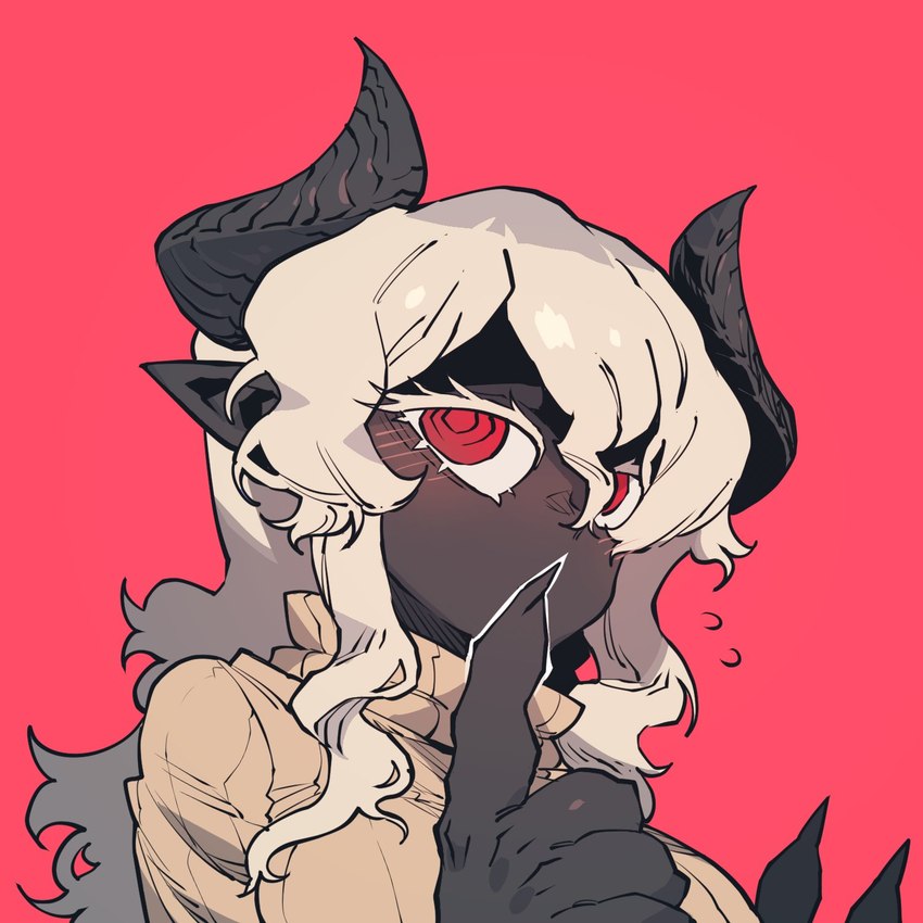 black_body black_claws black_horn black_skin blonde_eyelashes blonde_hair blush claws clothing emanata eyelashes female gesture hair hair_over_eye hand_gesture horn humanoid_pointy_ears long_hair looking_aside mouthless not_furry one_eye_obstructed pointing pointy_ears red_background red_eyes ringed_eyes simple_background solo sweater topwear turtleneck idohj12 aldegon demon demon_humanoid humanoid 1:1 bust_portrait hi_res icon portrait