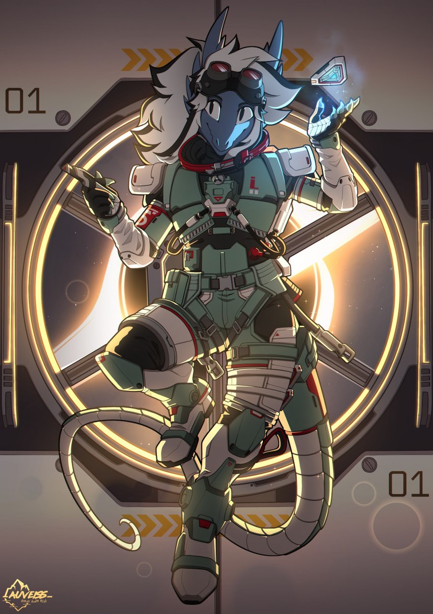 anthro armor black_hole female floating futuristic hair horn long_hair long_tail solo space tail window auveiss apex_legends electronic_arts mythology respawn_entertainment airana_stormrider dragon mythological_creature mythological_scalie scalie hi_res