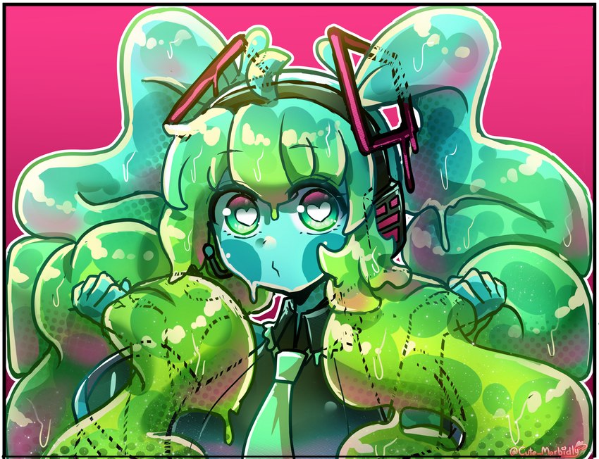 ahoge electronics female green_body green_eyes hair hair_grab headphones heart_eyes heart_symbol necktie solo touching_hair twintails_(hairstyle) morbidlycutecrunch vocaloid hatsune_miku goo_creature goo_humanoid humanoid absurd_res hi_res