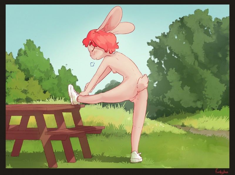 anthro anus blush butt casual_nudity clothing exhibitionism eyes_closed female female_anthro footwear footwear_only genitals mostly_nude nipples nude outdoor_nudity outside plant pussy solo standing stretching tree conditional_dnp funkybun marathon funkybun_(character) lagomorph leporid mammal rabbit digital_media_(artwork) hi_res