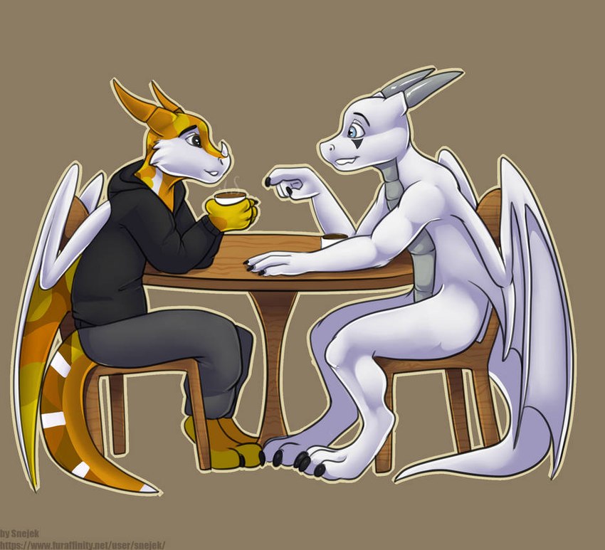 anthro beverage chair coffee coffee_cup coffee_mug container cup duo furniture male male/male membrane_(anatomy) membranous_wings table tail wings snejek mythology elvor_xaetri dragon mythological_creature mythological_scalie scalie