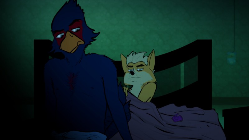 anthro beak bed blue_body blue_feathers condom duo feathers furniture male male/male sexual_barrier_device fredryk_phox a_fox_in_space nintendo star_fox falco_lombardi fox_mccloud avian bird canid canine fox mammal 16:9 widescreen