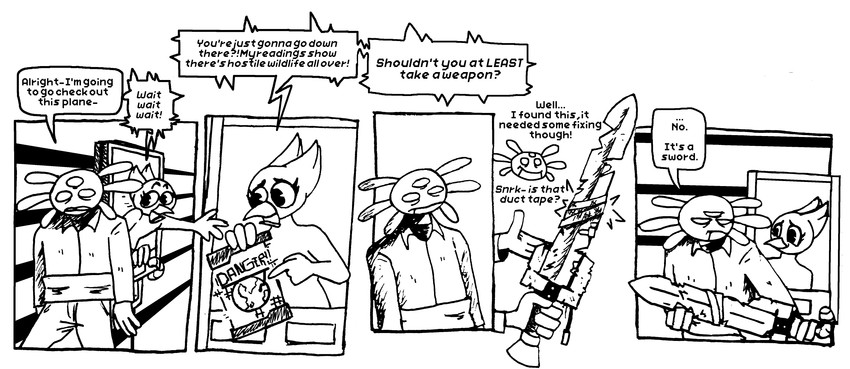 anthro artificial_intelligence female male melee_weapon sword text weapon afuckingcamel-zenge-art_(artist) chucklefish starbound a.v.i.a.n. fan_character kenta_(afuckingcamel) alien avian avian_(starbound) bird digital_creature hylotl black_and_white comic english_text hi_res monochrome