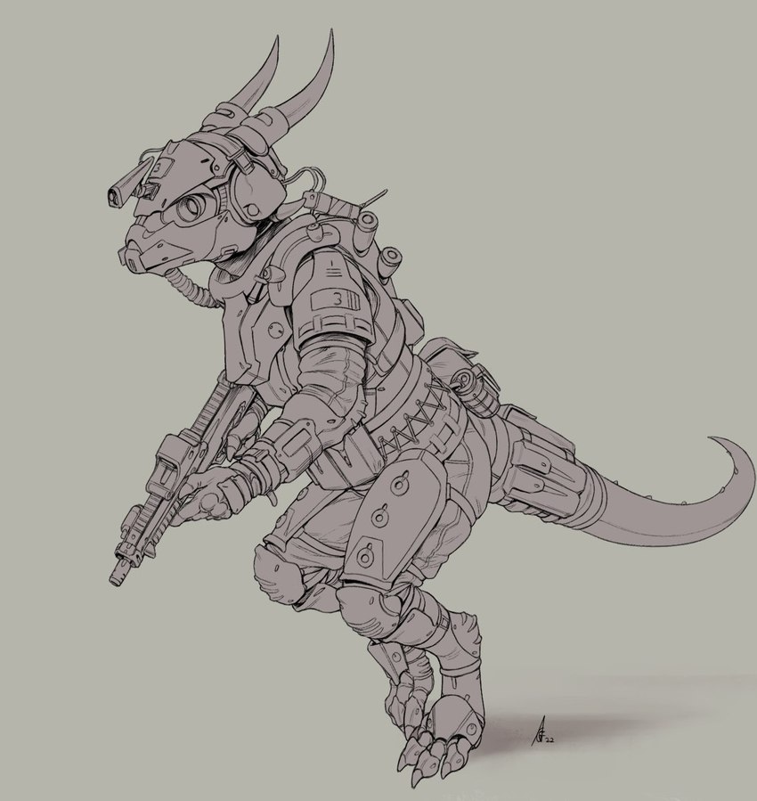 ambiguous_gender anthro armor claws digitigrade electronics explosives grenade gun headphones horn mask ranged_weapon simple_background solo tactical_gear weapon crestfallenartist kobold scalie 2022