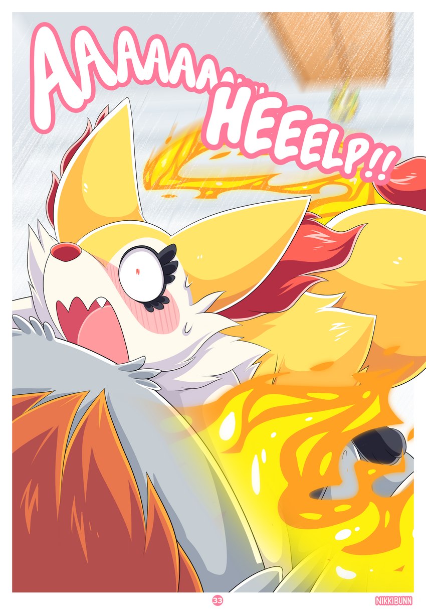 anthro blush calling_for_help detailed_background dialogue duo ear_tuft feral fire fur male male/male motion_lines neck_tuft open_mouth solo_focus text tuft white_body white_fur wide_eyed yellow_body yellow_fur nikkibunn nintendo pokemon ari_the_talonflame ellie_the_braixen avian bird braixen canid canine generation_6_pokemon generation_8_pokemon mammal pokemon_(species) talonflame yamper 2022 absurd_res comic english_text hi_res male_(lore)