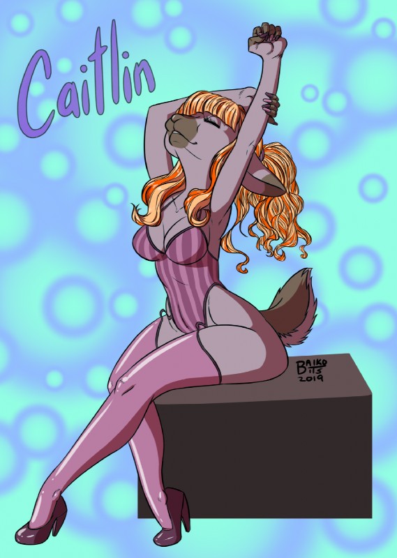 anthro big_breasts biped breasts clothed clothing colored_nails curvy_figure eyes_closed female footwear hair high_heels legwear lingerie multicolored_ears nails orange_hair shoes smile solo stockings stretching voluptuous baikobits caitlin_erskine bovid caprine mammal sheep 2019 hi_res