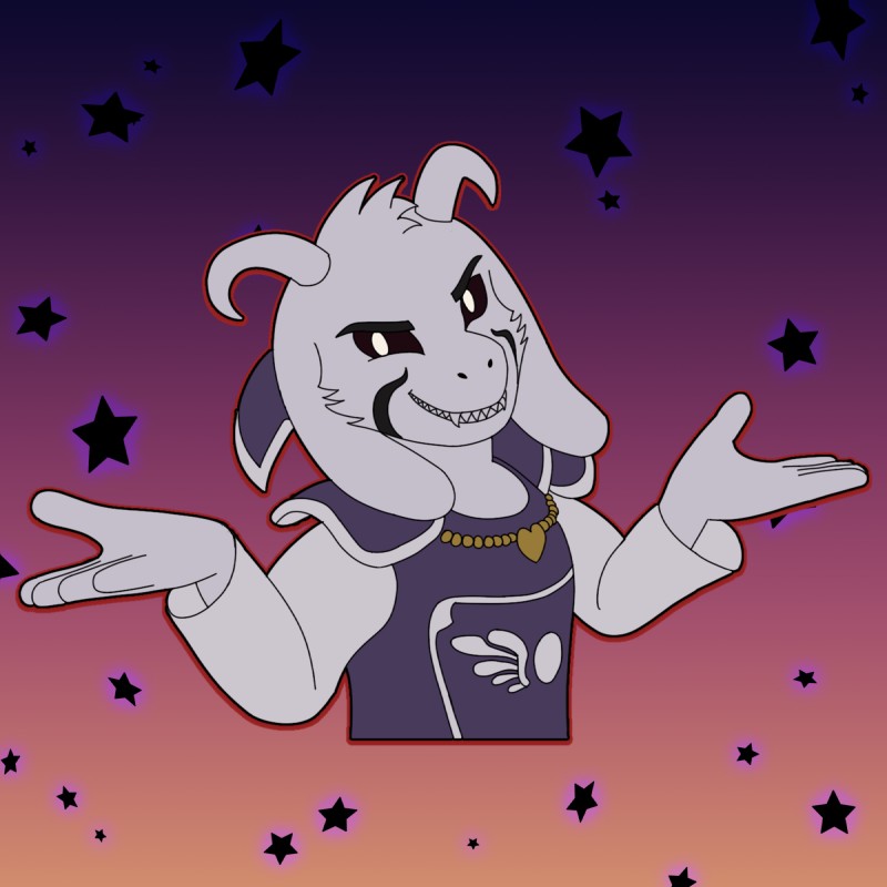 anthro black_sclera clothing fur gesture grin hair horn looking_at_viewer male markings narrowed_eyes shrug simple_background smile solo white_body white_eyes white_fur persegan undertale undertale_(series) asriel_dreemurr_(god_form) boss_monster_(undertale) bovid caprine mammal 1:1 digital_media_(artwork) hi_res