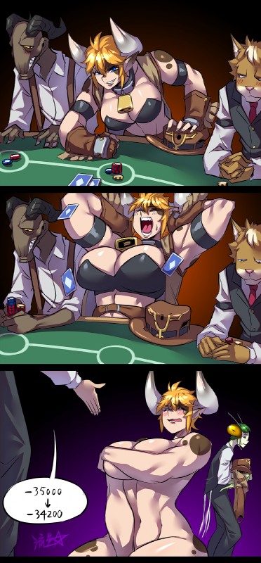 bell bell_collar big_breasts black_eyes black_horn blonde_hair blue_eyes blush bodily_fluids bra breasts brown_body brown_fur card card_game cleavage clothed clothing collar covering covering_breasts covering_crotch covering_self embarrassed eyes_closed female forced forced_exposure forced_to_undress fully_clothed fur gaming grey_body grey_fur grey_horn hair hands_behind_head hat headgear headwear horn multicolored_body multicolored_skin muscular muscular_female navel necktie nude open_mouth pink_nose poker red_necktie sad sharp_teeth smile speech_bubble sweat teeth text tight_clothing underwear undressing undressing_between_scenes unseen_undressing yellow_sclera ryuusei_(mark_ii) animal_humanoid arthropod arthropod_humanoid bovid bovid_humanoid caprine caprine_humanoid domestic_cat felid feline felis goat_humanoid humanoid insect insect_humanoid mammal mammal_humanoid mantis mantis_humanoid 2019 comic hi_res