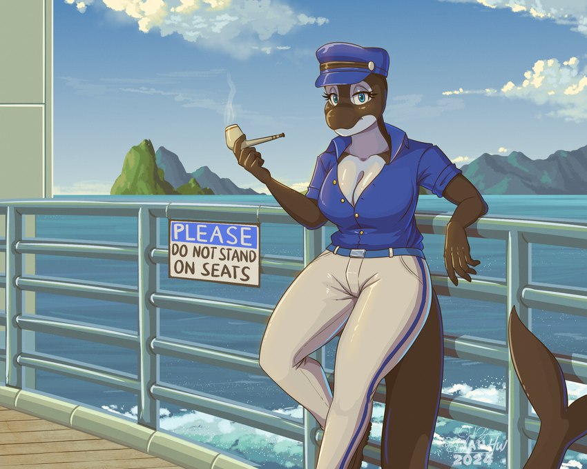 5_fingers anthro arm_support belt biped black_body blue_eyes bottomwear breasts cleavage clothed clothing cloud day detailed_background eyelashes female fingers footwear fully_clothed hat headgear headwear holding_object leaning leaning_on_elbow looking_at_viewer outside pants pier railing sailor_uniform sea shirt shoes sign sky smoking_pipe solo tail text thick_tail topwear unbuttoned unbuttoned_shirt uniform water white_body sammfeatblueheart rhona_kyles cetacean dolphin mammal marine oceanic_dolphin orca toothed_whale 2024 5:4 absurd_res digital_media_(artwork) english_text hi_res