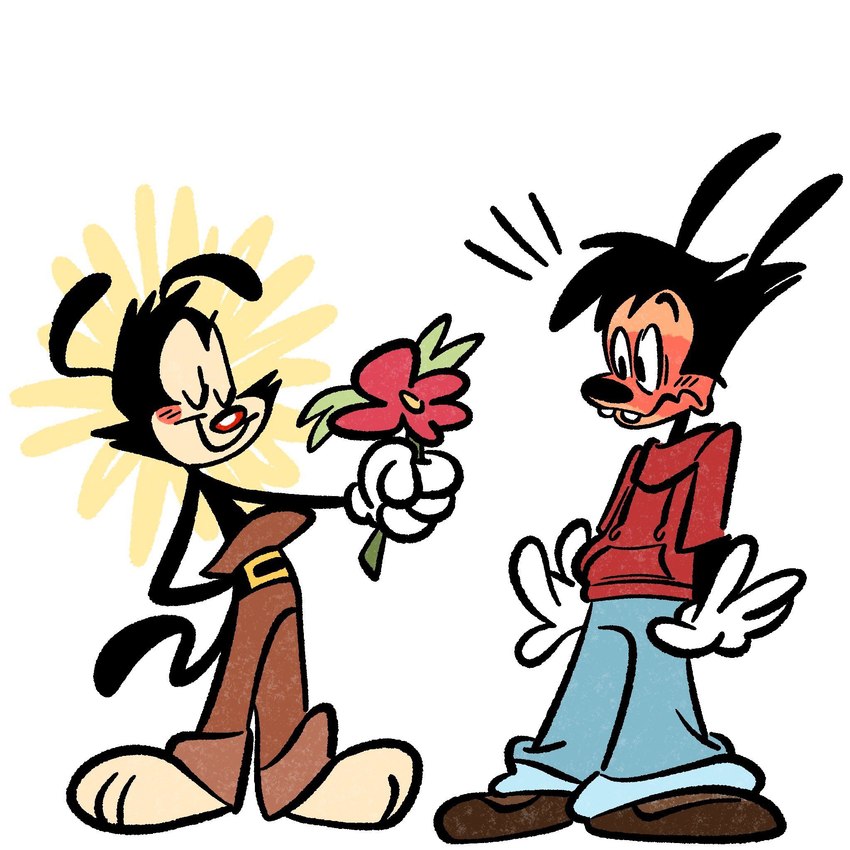 anthro blush blush_lines clothed clothing duo embarrassed eyes_closed flower gloves handwear happy love male male/male plant shy simple_background smile surprise surprised_expression white_background pickle_raye animaniacs animaniacs_(2020) disney goof_troop hulu warner_brothers max_goof yakko_warner canid canine canis domestic_dog inkblot mammal 1:1 hi_res