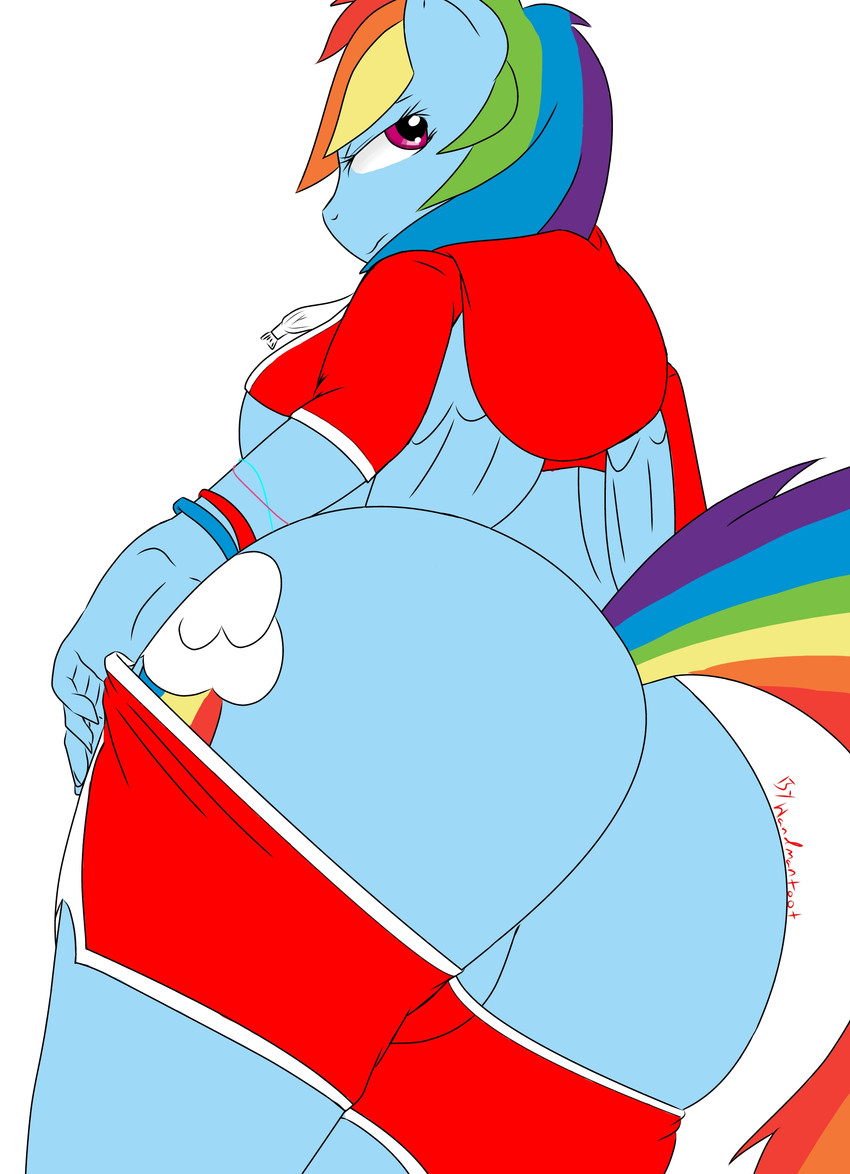 anthro big_breasts big_butt bottomwear breasts butt clothing female looking_back shorts simple_background solo white_background wings handmantoot friendship_is_magic hasbro my_little_pony mythology rainbow_dash_(mlp) equid equine mammal mythological_creature mythological_equine pegasus absurd_res hi_res