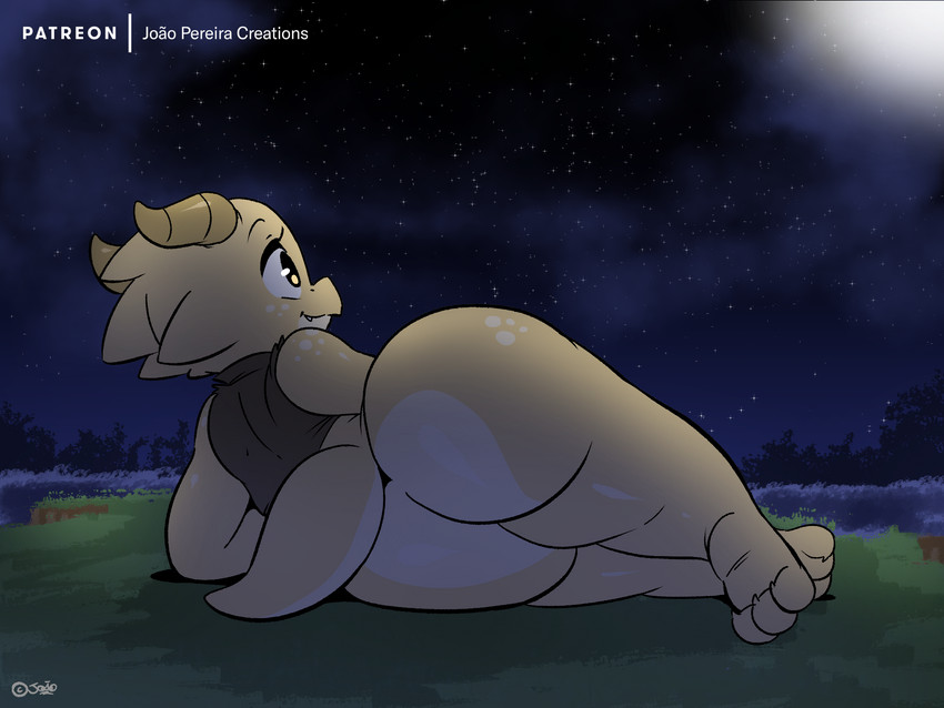 anthro big_butt bottomless butt clothed clothing fangs female horn huge_butt lying night on_side rear_view sky smile solo star starry_sky teeth text thick_thighs joaoppereiraus tales_of_sezvilpan tiki_(joaoppereiraus) kobold scalie 2020 4:3 digital_media_(artwork) hi_res signature