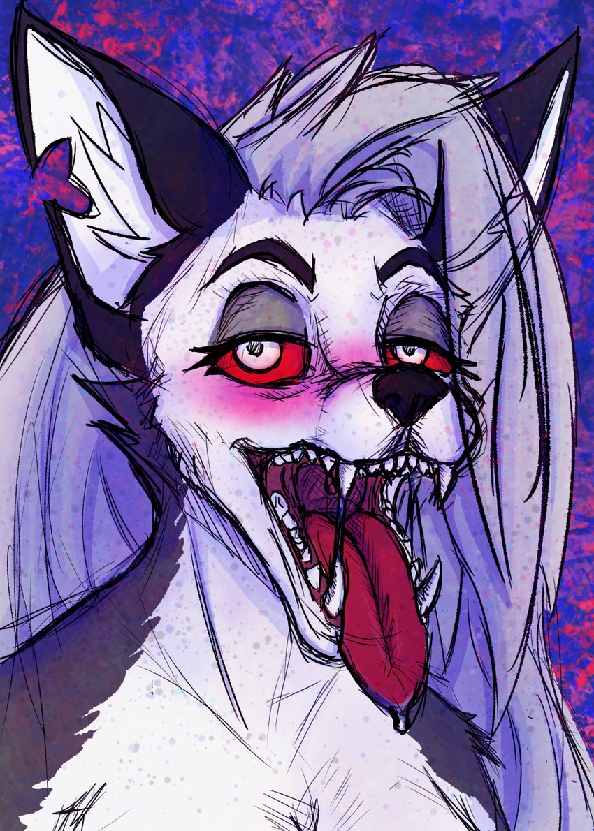 anthro blush bodily_fluids drooling fangs female fur hair looking_at_viewer mouth_shot nude open_mouth red_sclera saliva saliva_string simple_background sketchy smile solo teeth tongue tongue_out uvula white_body white_fur lewdiro helluva_boss mythology loona_(helluva_boss) canid canid_demon canine canis demon hellhound mammal mythological_canine mythological_creature wolf digital_media_(artwork) hi_res shaded sketch