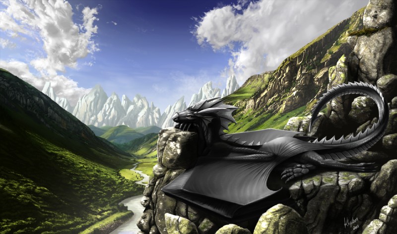 amazing_background ambiguous_gender black_body black_scales detailed_background feral frill_(anatomy) head_crest head_frill horn membrane_(anatomy) membranous_frill membranous_wings mountain river scales solo tail valley wings khyaber mythology morghus dragon mythological_creature mythological_scalie scalie detailed